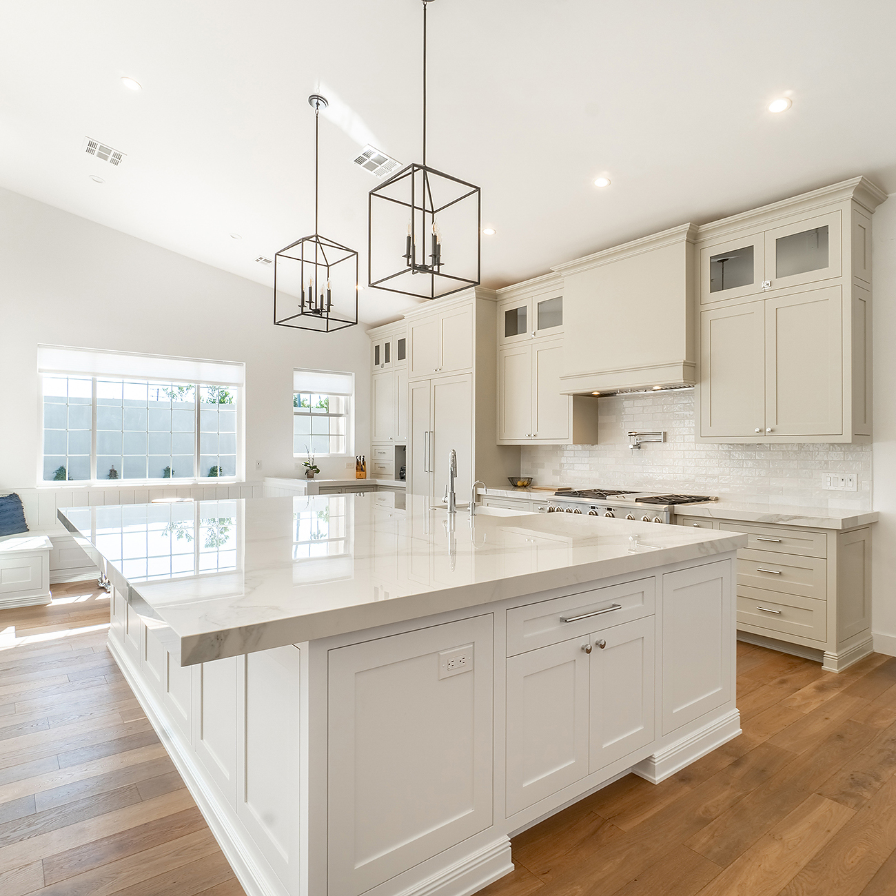 Bright home interior with custom kitchen and open living space in Coastal North Carolina